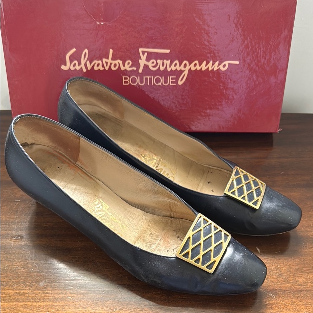 Salvatore Ferragamo Navy Heels with Gold Detail